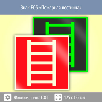 Знак F03 «Пожарная лестница» (фотолюминесцентная пленка ГОСТ 34428-2018, 125х125 мм)